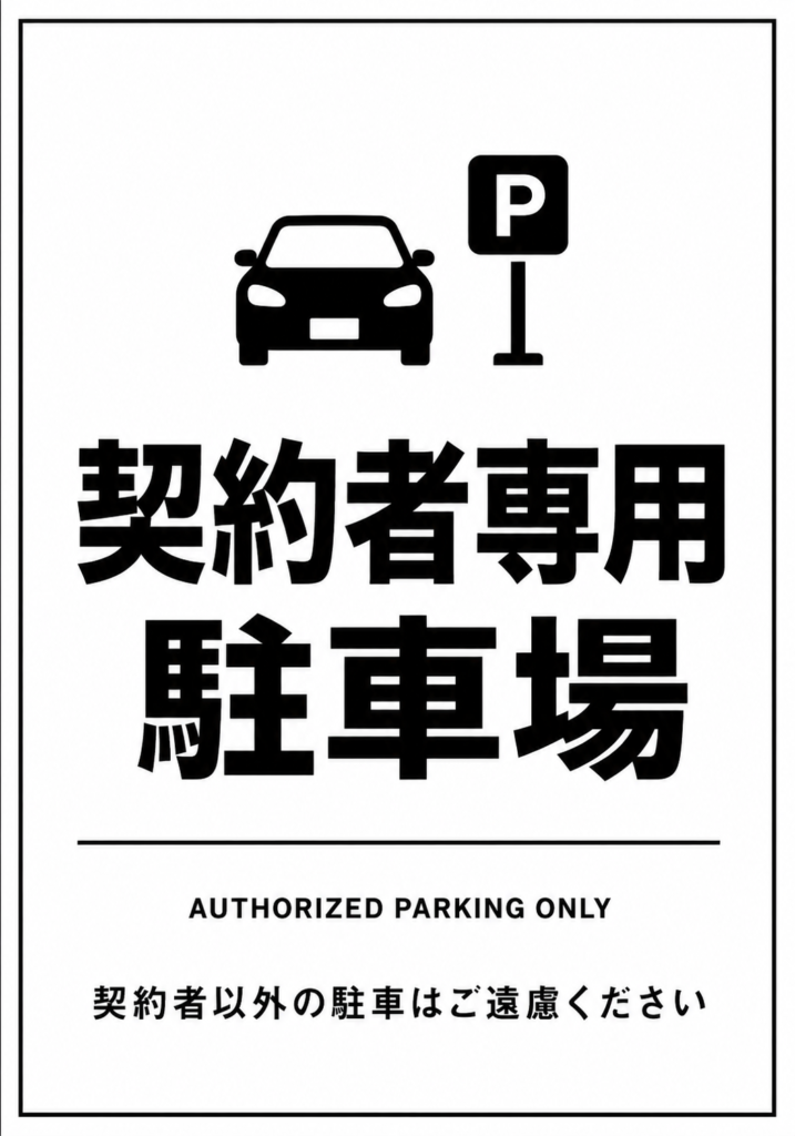 契約者専用駐車場の大きな文字と車、駐車場マークを配置した白黒のシンプルな縦型ポスター