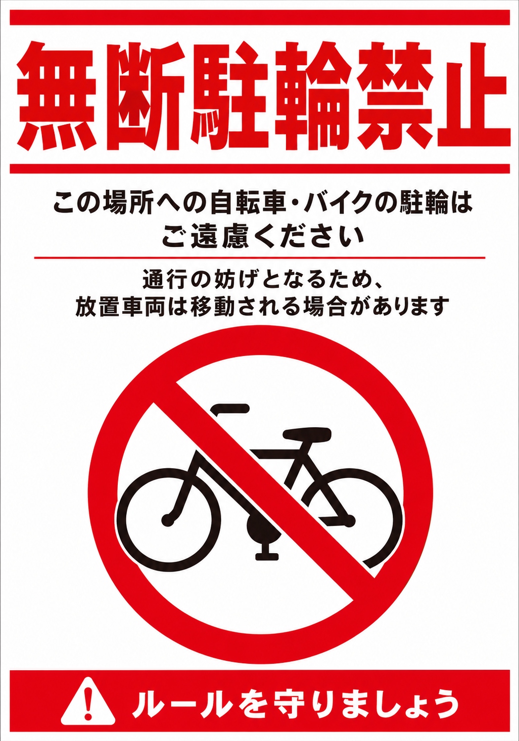 無断駐輪禁止の文字と自転車の禁止マーク、通行の妨げになる場合がある旨を記載した赤白の注意ポスター