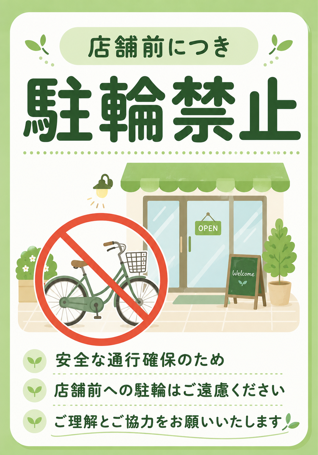 店舗前につき駐輪禁止の文字と店舗、自転車禁止マークを配置した緑色のやわらかな注意ポスター