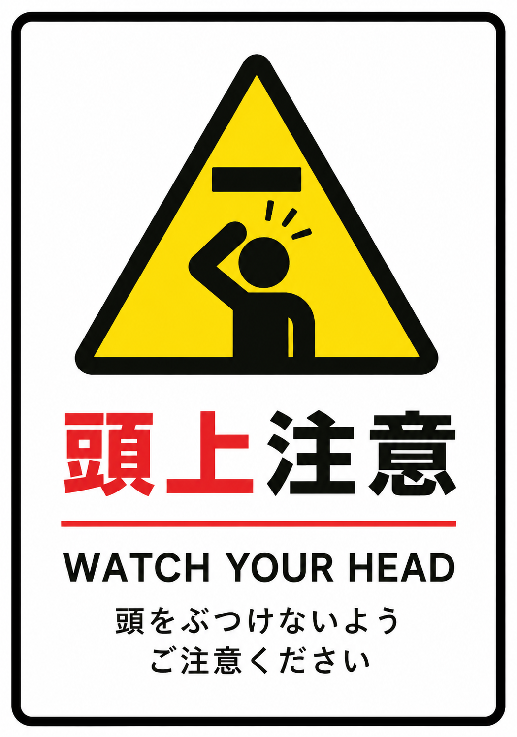 頭上注意とWATCH YOUR HEADの文字、頭をぶつける人物を描いた黄色い三角警告マークを配置した縦型ポスター
