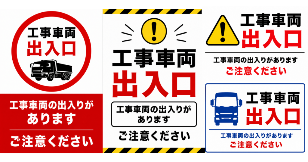工事車両出入口の貼り紙テンプレートのアイキャッチ、サムネイル