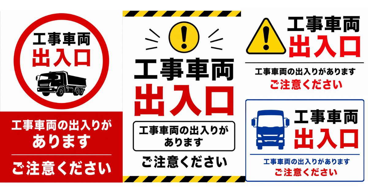 工事車両出入口の貼り紙テンプレートのアイキャッチ、サムネイル