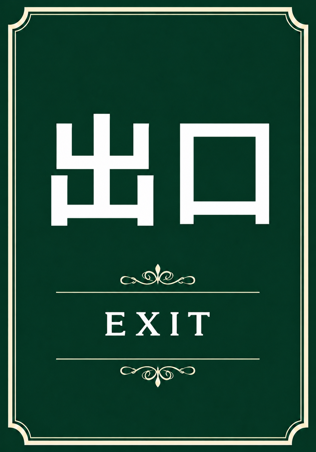 深緑の背景に白い出口とEXITの文字、金色の飾り枠と装飾を配置したポスター