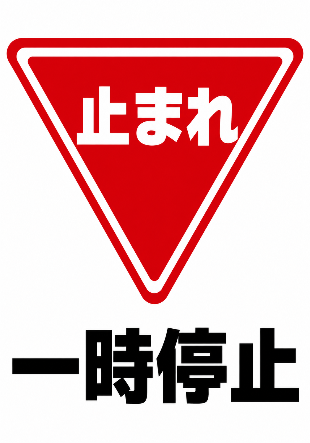 赤い逆三角形の「止まれ」標識と大きな「一時停止」の文字を配置した白背景の縦型ポスター