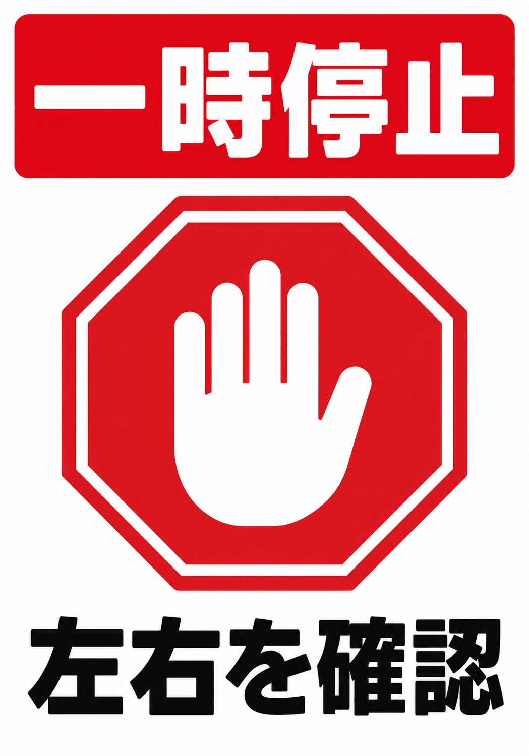 赤い八角形の停止標識と白い手のアイコンを中央に配置し「一時停止」「左右を確認」と表示した縦型ポスター