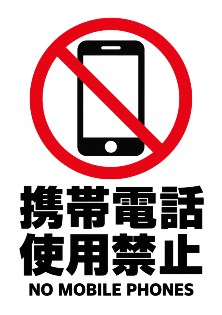 白背景にスマートフォンの禁止マークと「携帯電話使用禁止」「NO MOBILE PHONES」の文字を配置した縦型ポスター
