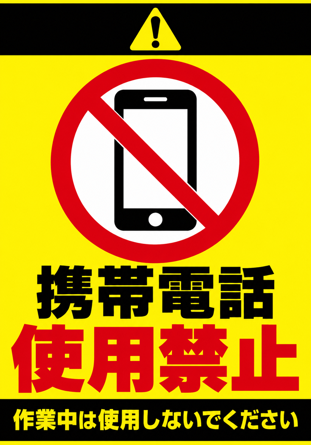 黄色背景にスマートフォンの禁止マークと「携帯電話使用禁止」「作業中は使用しないでください」の文字を配置した注意ポスター