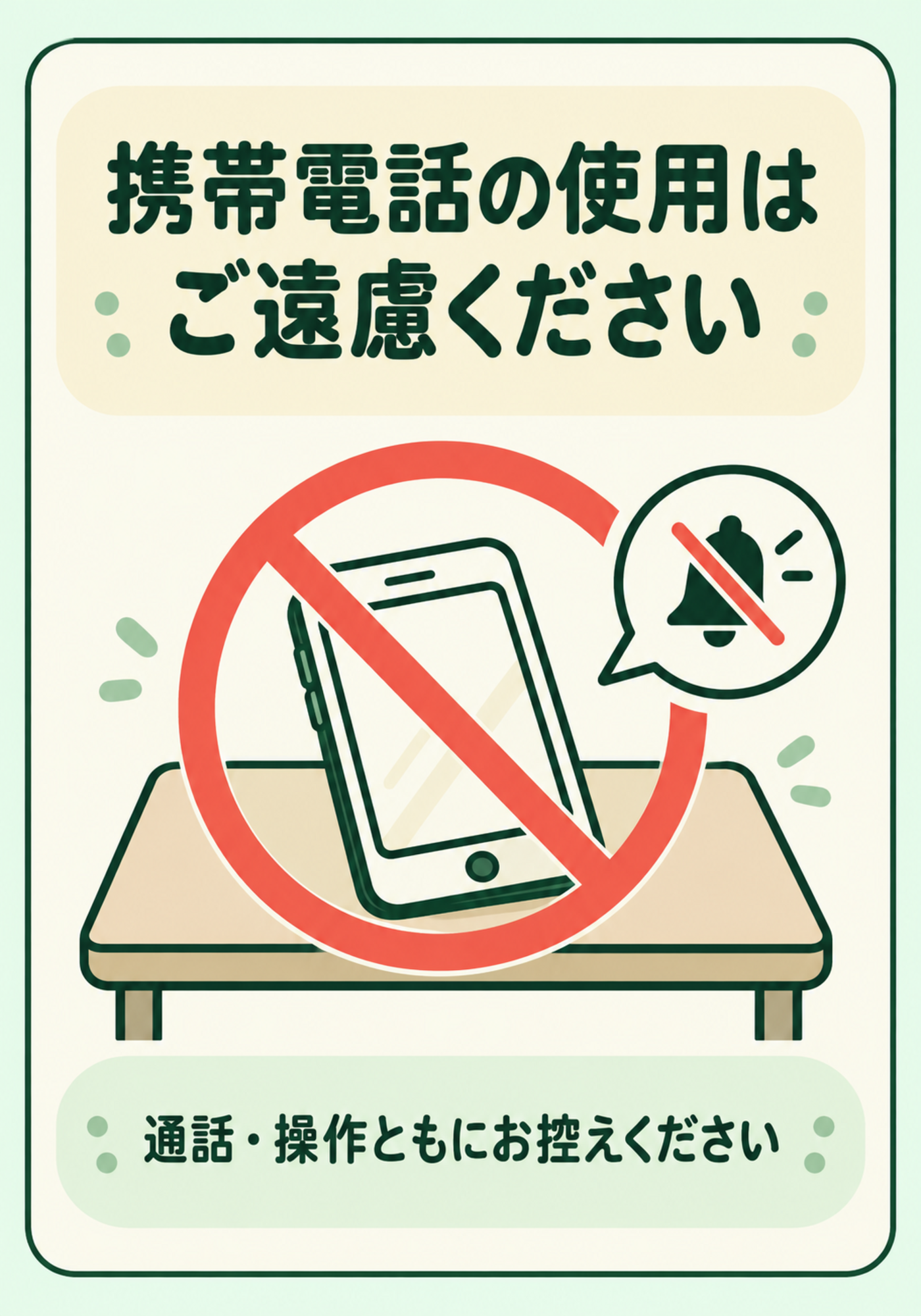 淡いミント色とスマートフォンの禁止マークで使用を控えるよう案内する縦型ポスター