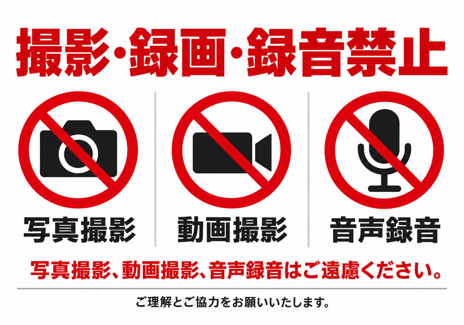 「撮影・録画・録音禁止」の大見出しと、カメラ・ビデオ・マイクそれぞれの禁止アイコンを並べた横型ポスター