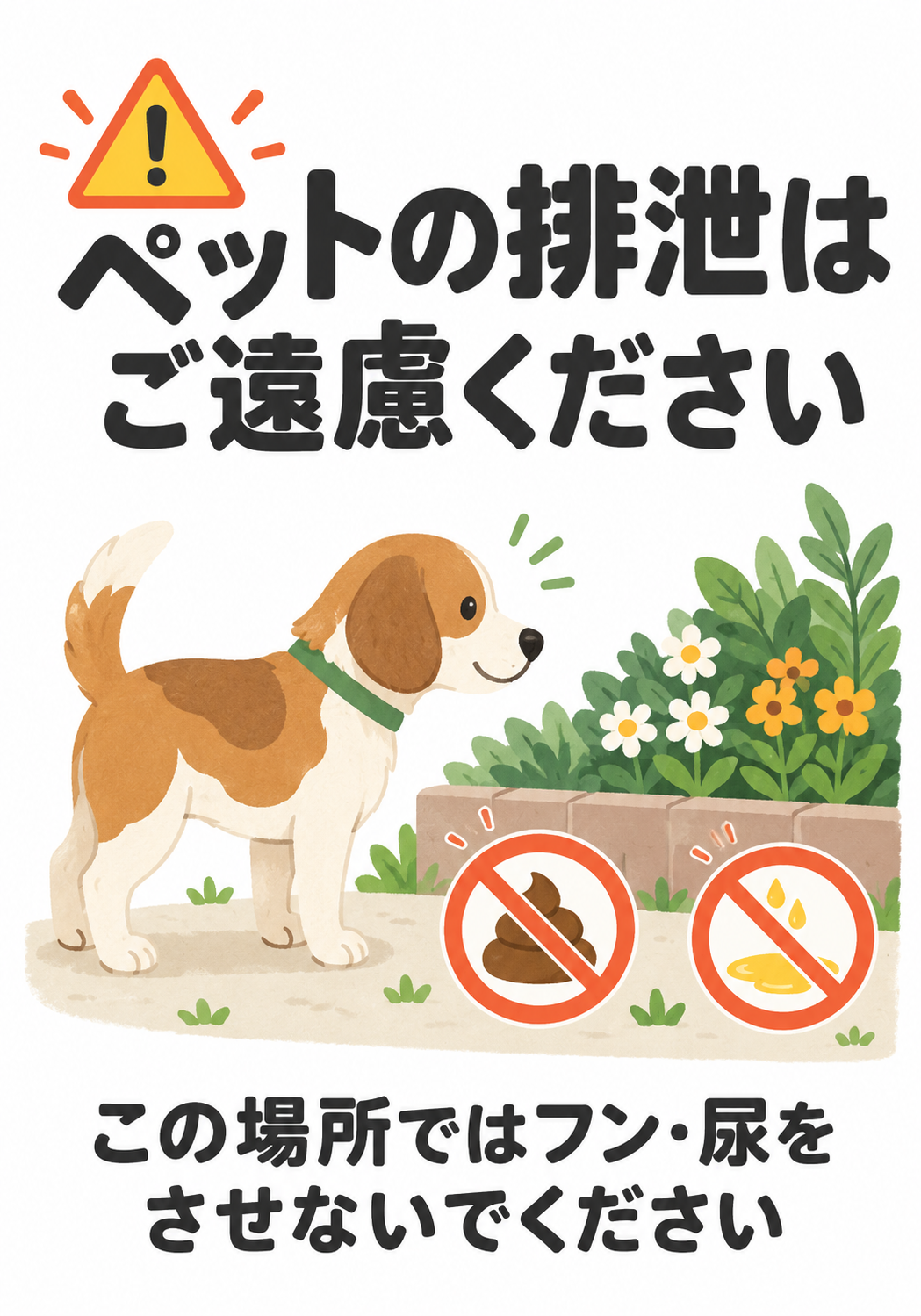 ペットの排泄はご遠慮ください この場所ではフン・尿をさせないでくださいと表示した縦向きポスター