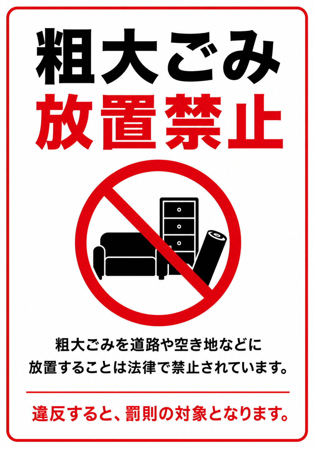 「粗大ごみ放置禁止」と表示し、道路や空き地などへの粗大ごみの放置禁止と罰則について注意喚起するポスター