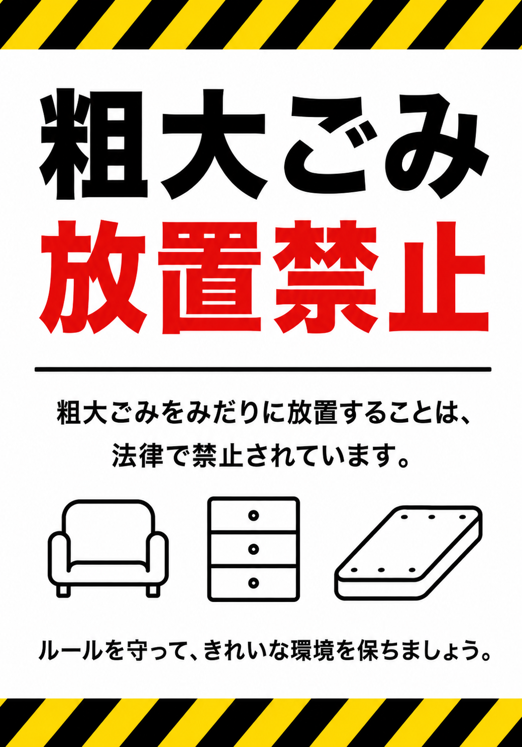「粗大ごみ放置禁止」と表示し、ソファ・収納棚・マットレスなどの粗大ごみを放置しないよう呼びかける注意ポスター