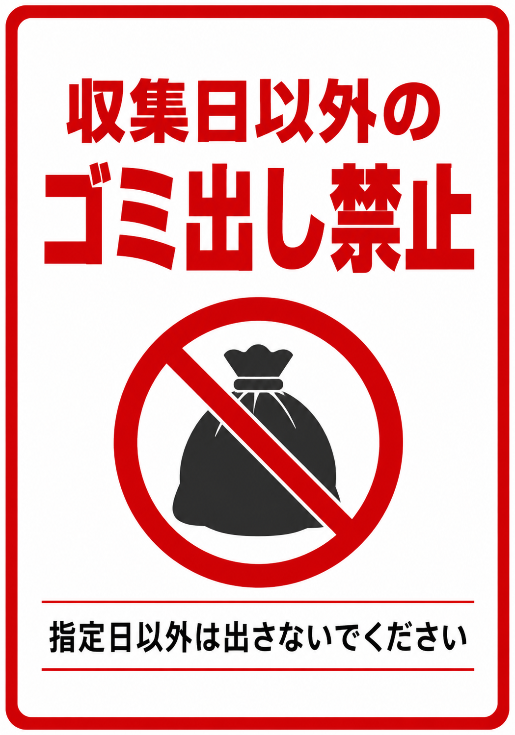 「収集日以外のゴミ出し禁止」と表示し、指定日以外にゴミを出さないよう呼びかける赤色の注意ポスター