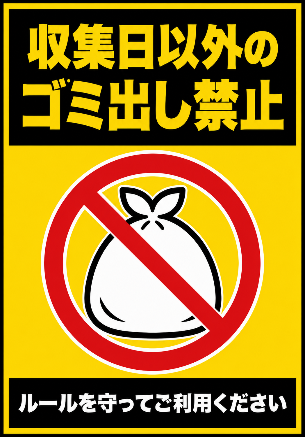 「収集日以外のゴミ出し禁止」と大きく表示し、ルールを守って利用するよう呼びかける黒黄デザインのポスター