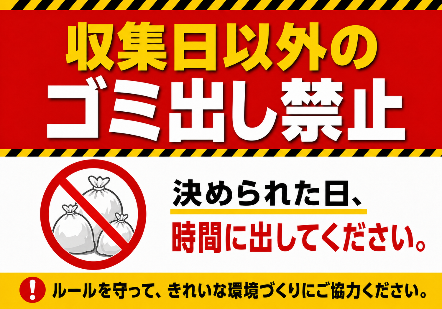 「収集日以外のゴミ出し禁止」と表示し、決められた日と時間にゴミを出すよう注意喚起する横型ポスター