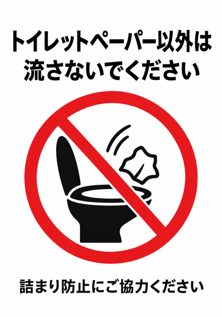 トイレットペーパー以外は流さないでください 詰まり防止にご協力くださいと表示した縦向きポスター