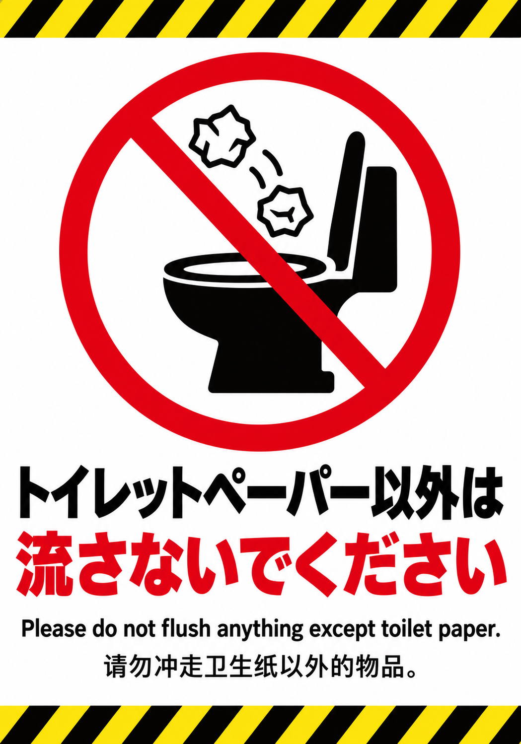トイレットペーパー以外は流さないでください 英語と中国語を併記した縦向きポスター