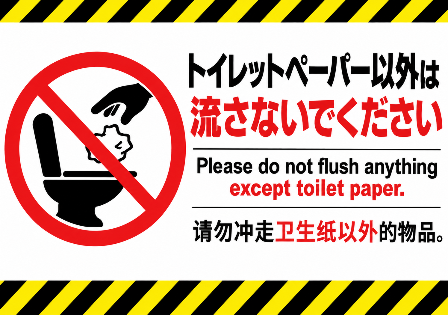 トイレットペーパー以外は流さないでください 英語と中国語を併記した横向きポスター