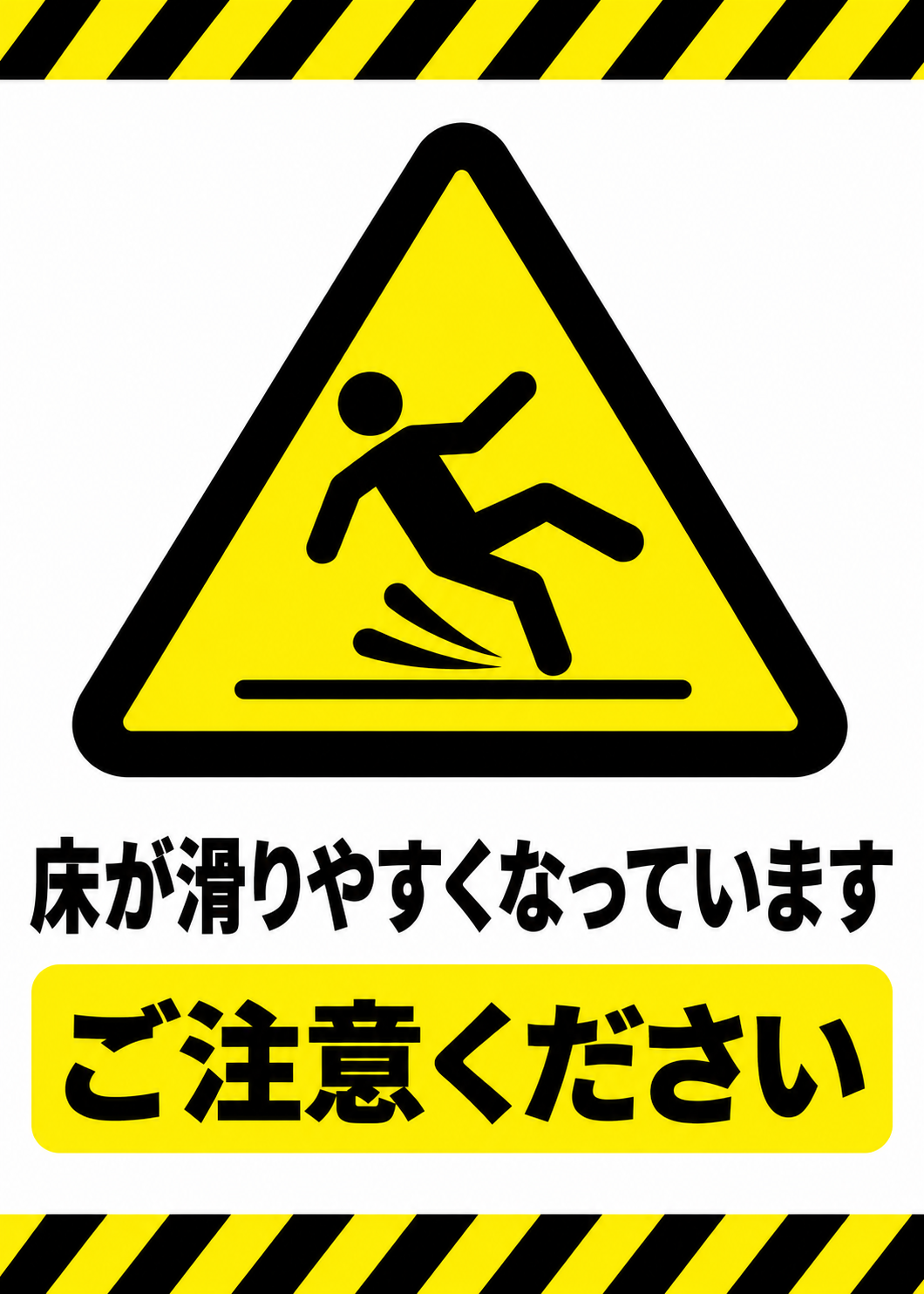 黄色と黒の警告マークに転倒する人物アイコンを配置し「床が滑りやすくなっています」「ご注意ください」と表示した縦型ポスター
