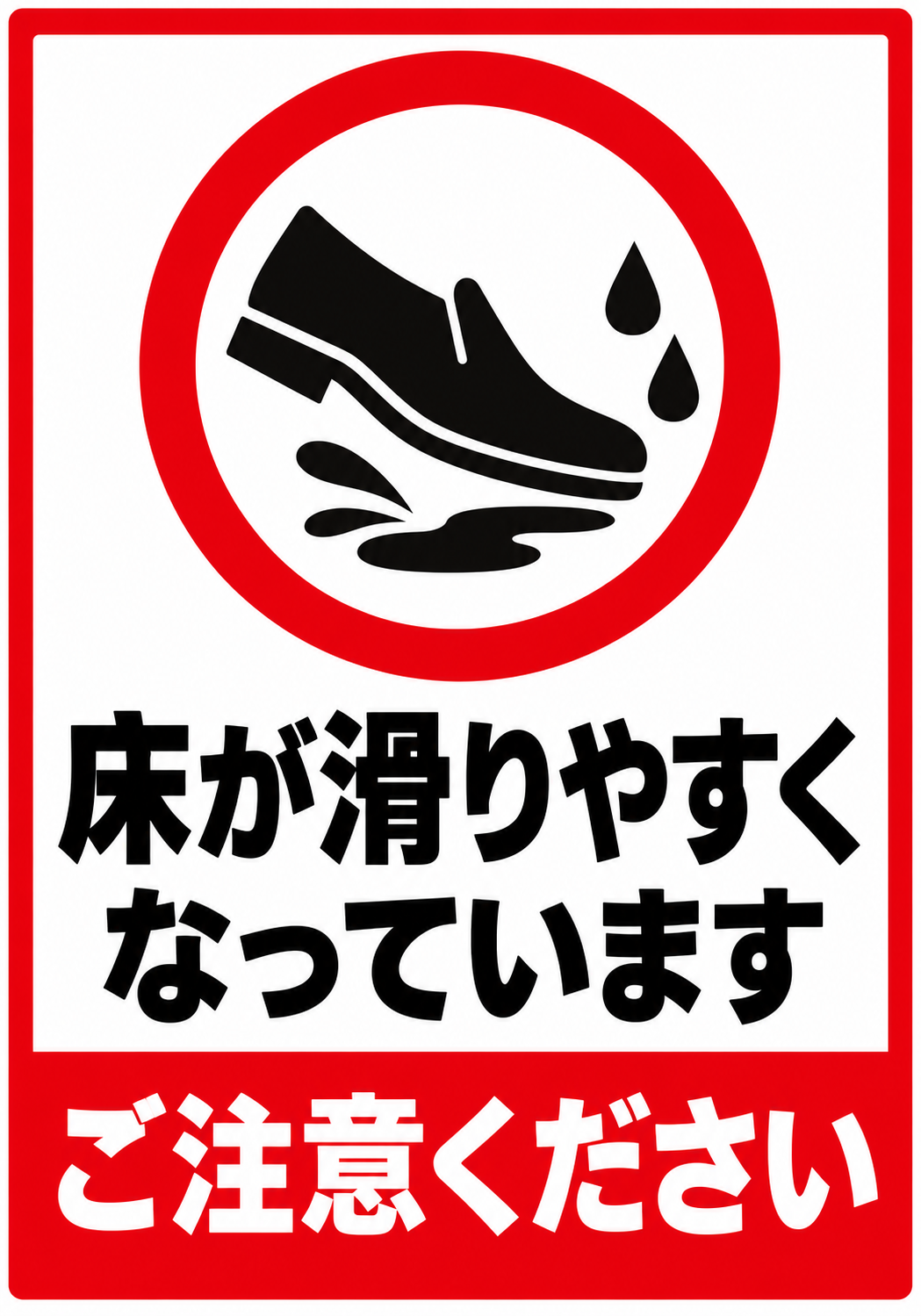 赤い枠と滑る靴のアイコンを配置し「床が滑りやすくなっています」「ご注意ください」と表示した縦型ポスター