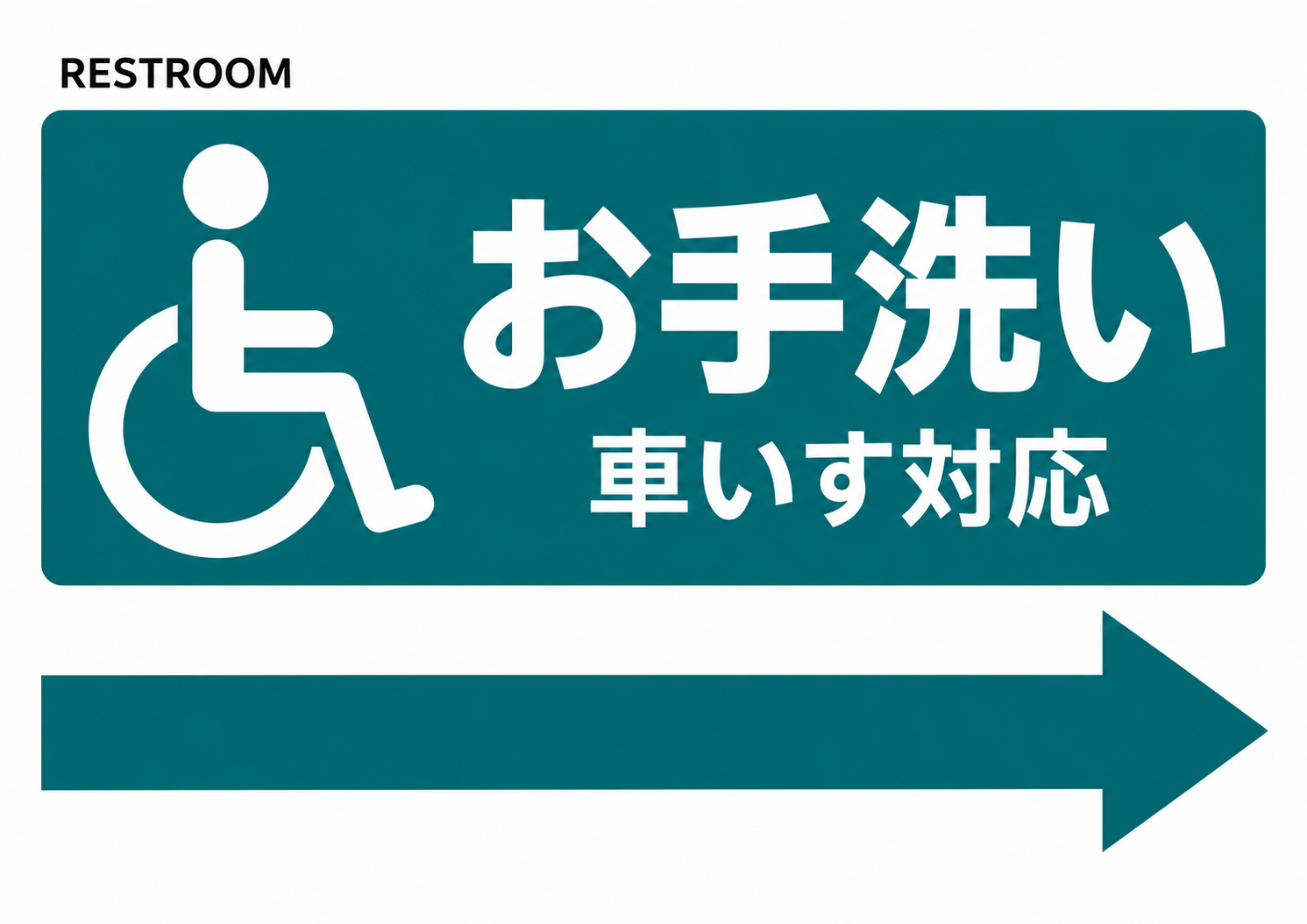車いすピクトと右向き矢印で、対応設備のあるお手洗いへ案内するポスター