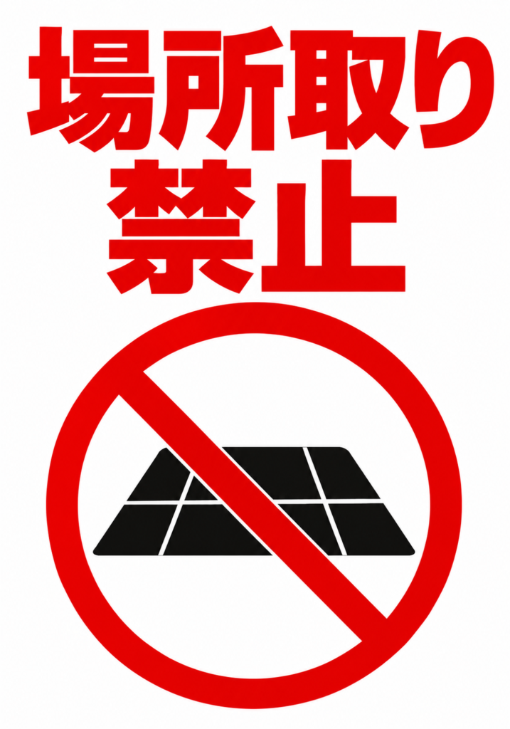 赤い場所取り禁止の文字とシートの禁止ピクトグラムを配置した縦向きポスター