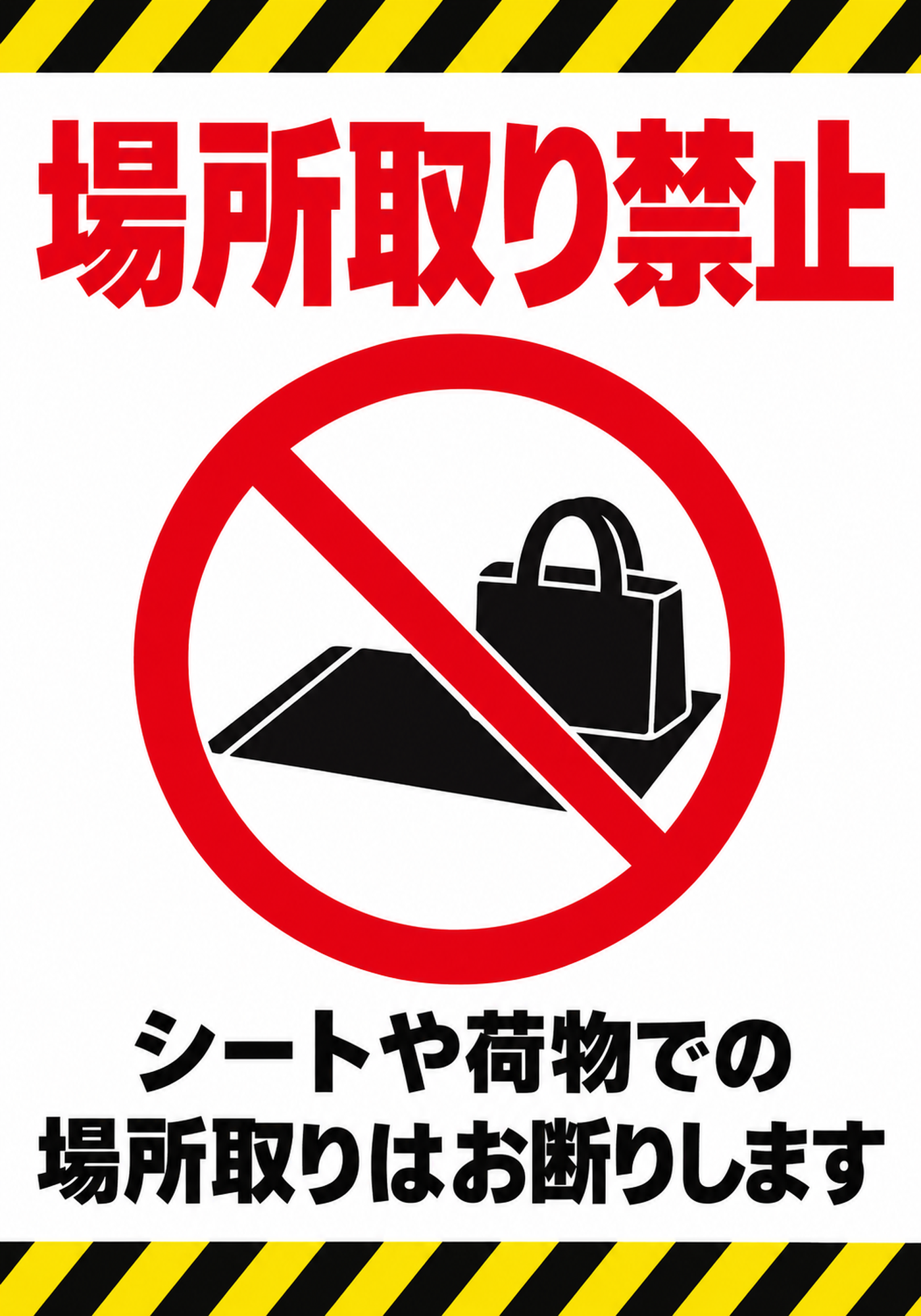 上下の黄黒注意ラインとシートや荷物の禁止マークで場所取り禁止を伝える縦向きポスター