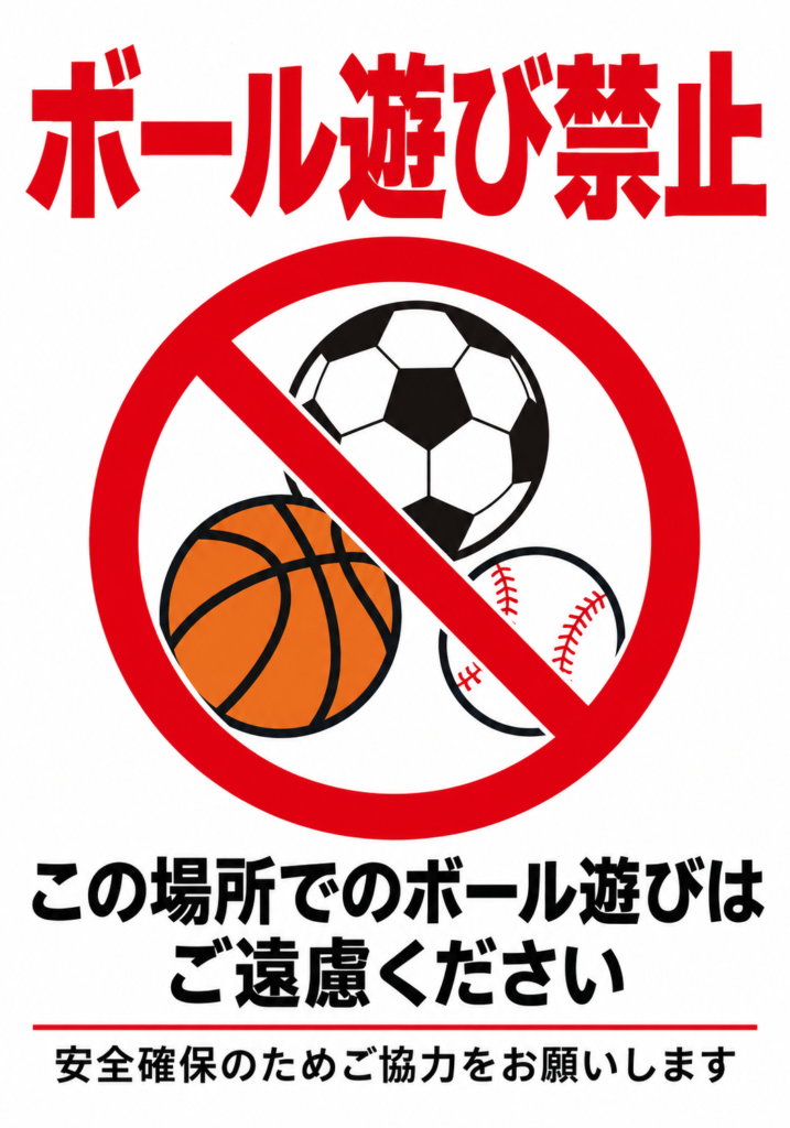ボール遊び禁止 サッカーボール・バスケットボール・野球ボールを禁止マークで囲んだ縦向きポスター