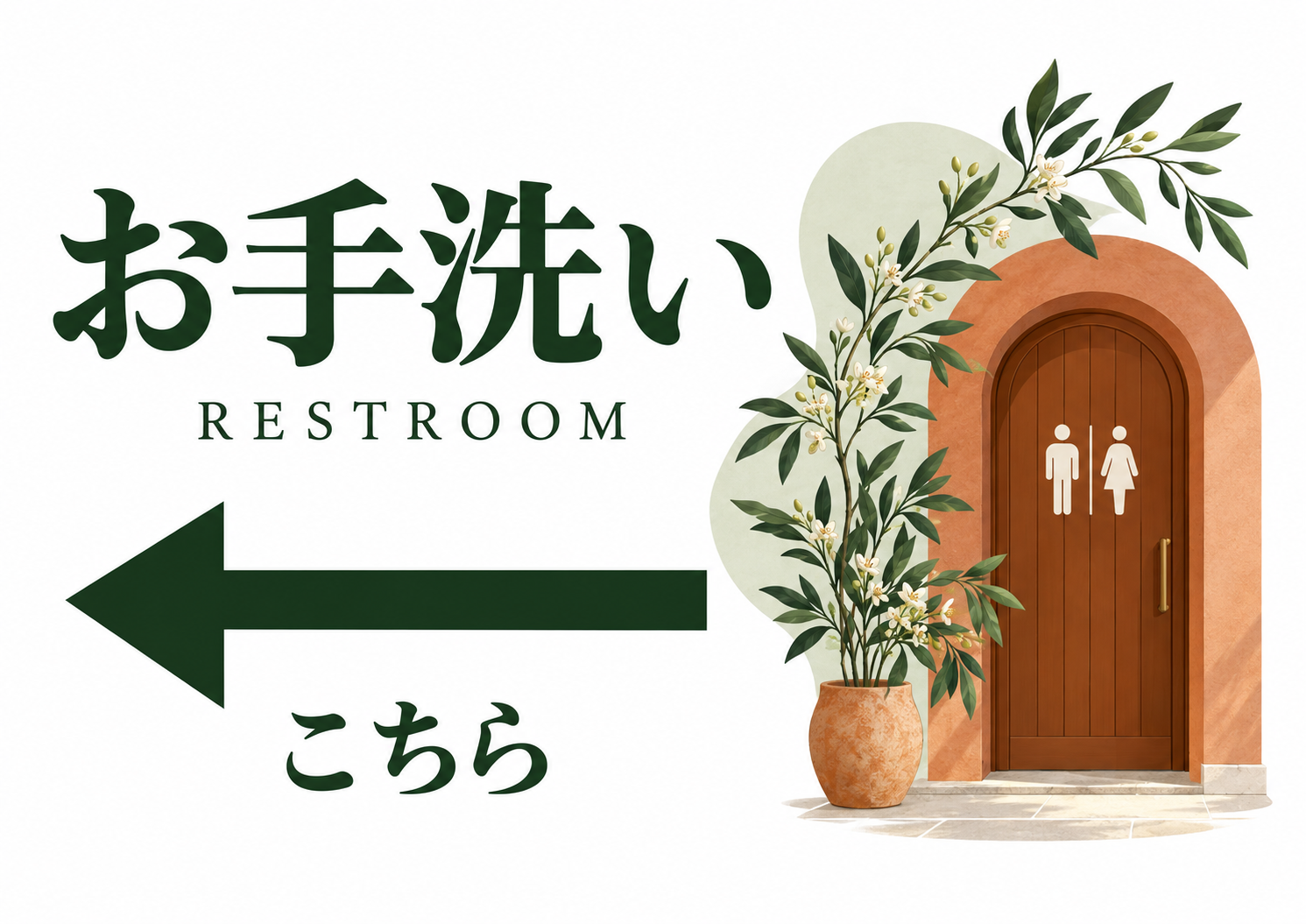 落ち着いた植物とアーチのイラストを添えた、カフェや雑貨店向けの左方向案内