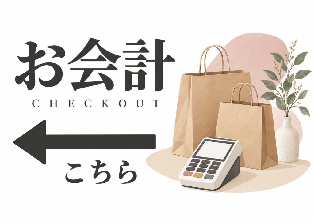 買い物袋とカード端末のイラストを添えた、左方向のお会計案内