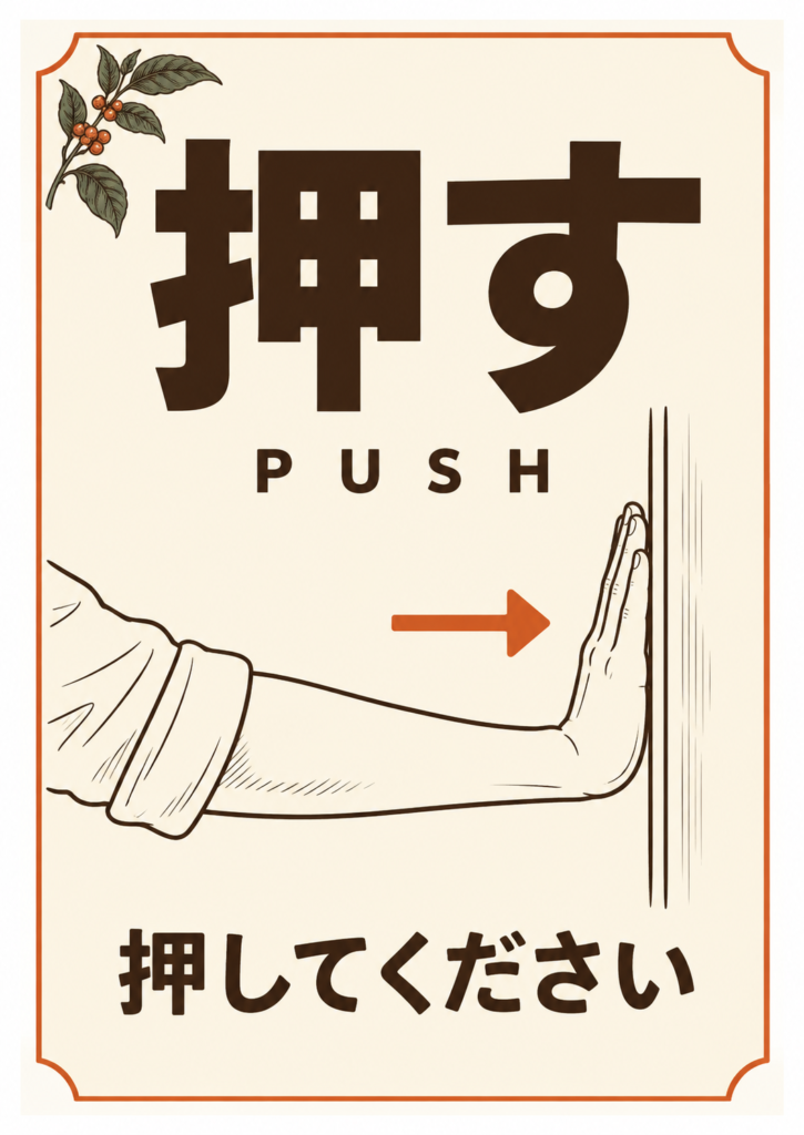 レトロなタイポグラフィと扉に手を添える線画で、押す動作を伝える案内
