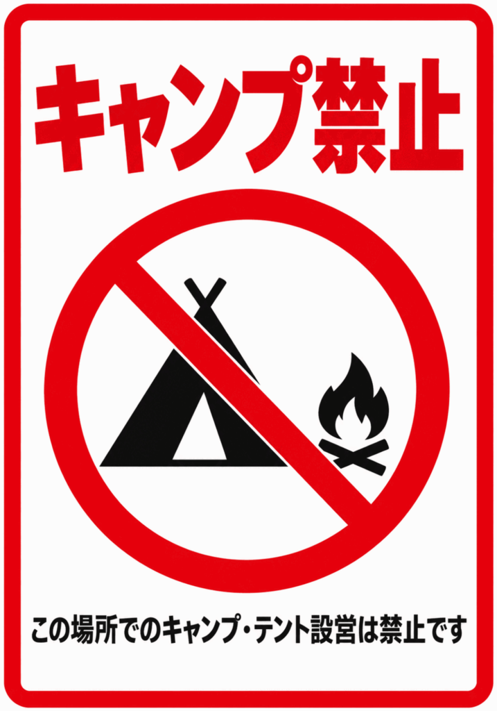 白地に赤い禁止マークとテント・たき火を配置した縦型キャンプ禁止ポスター