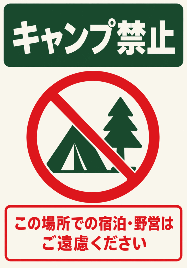 緑色のテントと木に赤い禁止マークを重ねた縦型キャンプ禁止ポスター