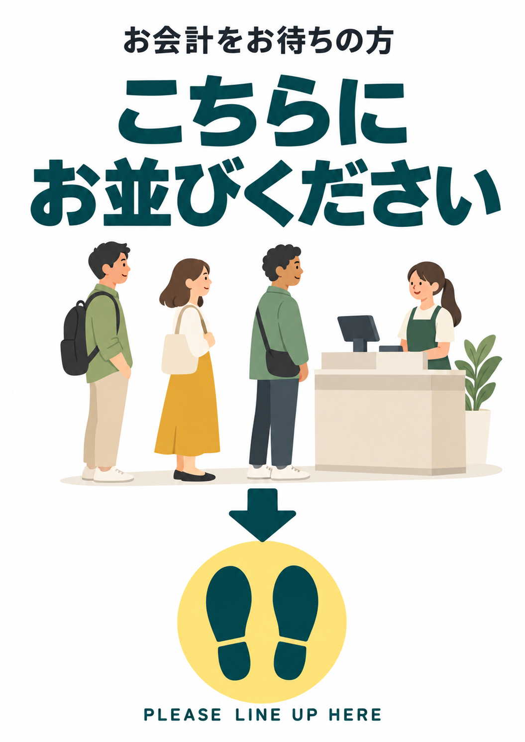 順番待ちの人物と足あとで、会計列の並び位置を伝える案内