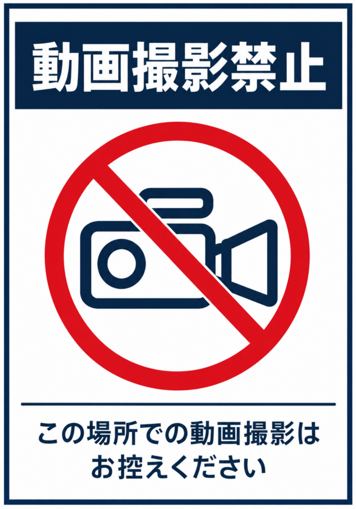 紺色の見出し帯、赤い禁止マーク、ビデオカメラを配置した「動画撮影禁止」の縦型ポスター