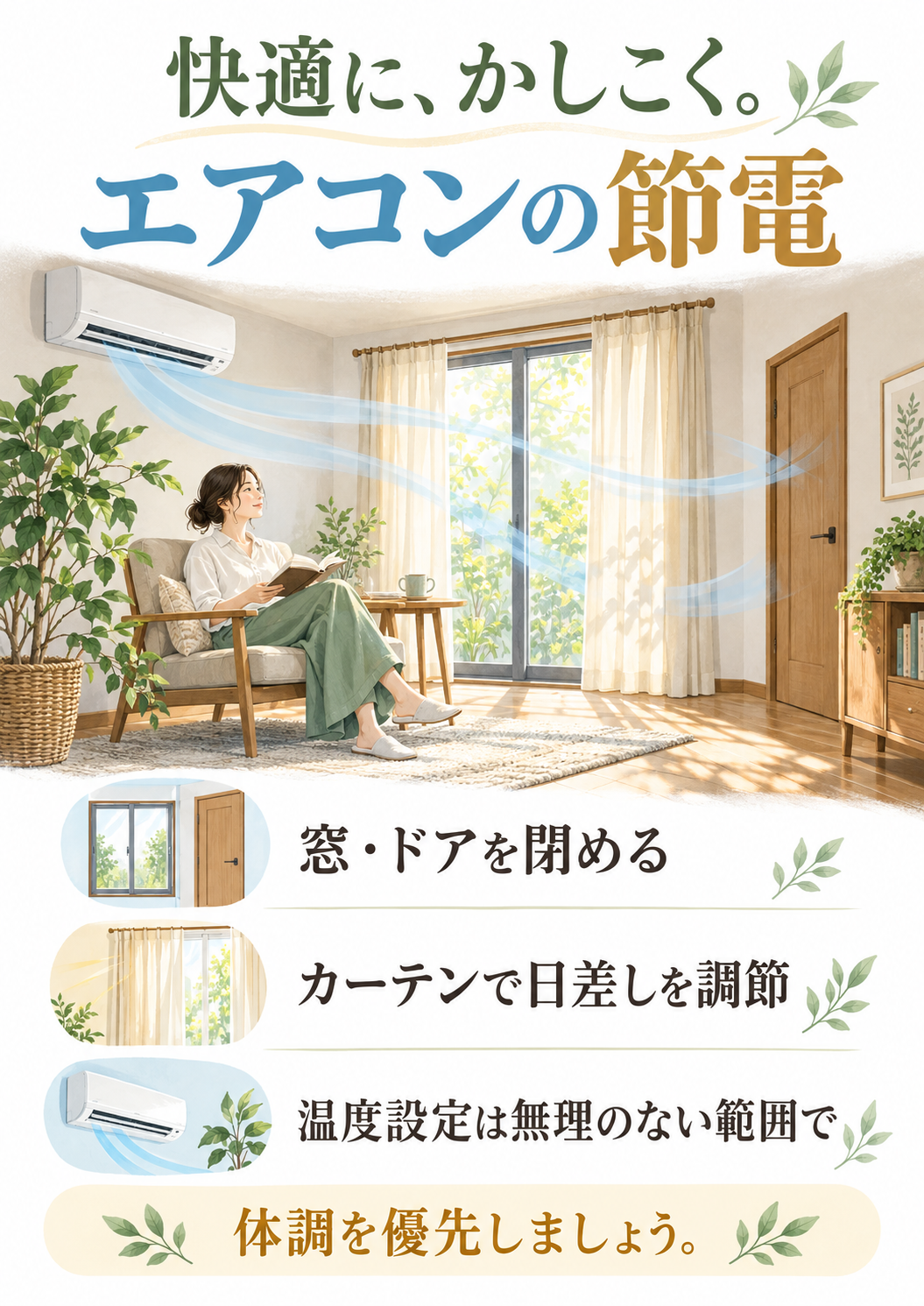 体調に配慮しながら、扉・窓・カーテン・温度調節でエアコンを効率よく使うポスター。