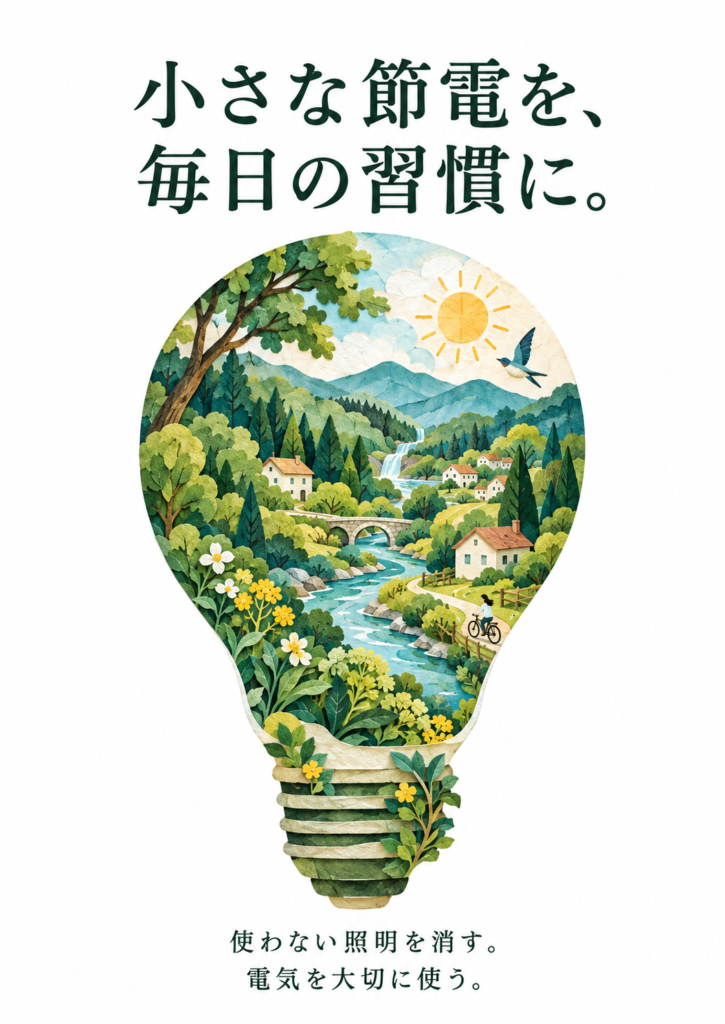 森・街・暮らしを描いたイラストで、毎日の小さな節電を呼びかけるポスター。
