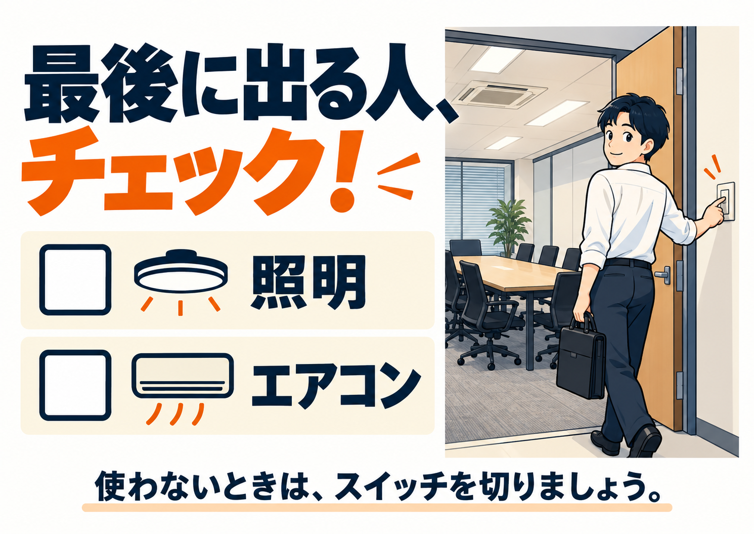 会議室や休憩室の退出時に、照明とエアコンの切り忘れを確認する横向きポスター。