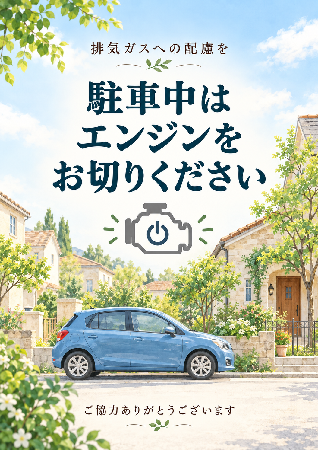 近隣への排気ガス配慮と駐車中のエンジン停止をお願いするイラスト案内