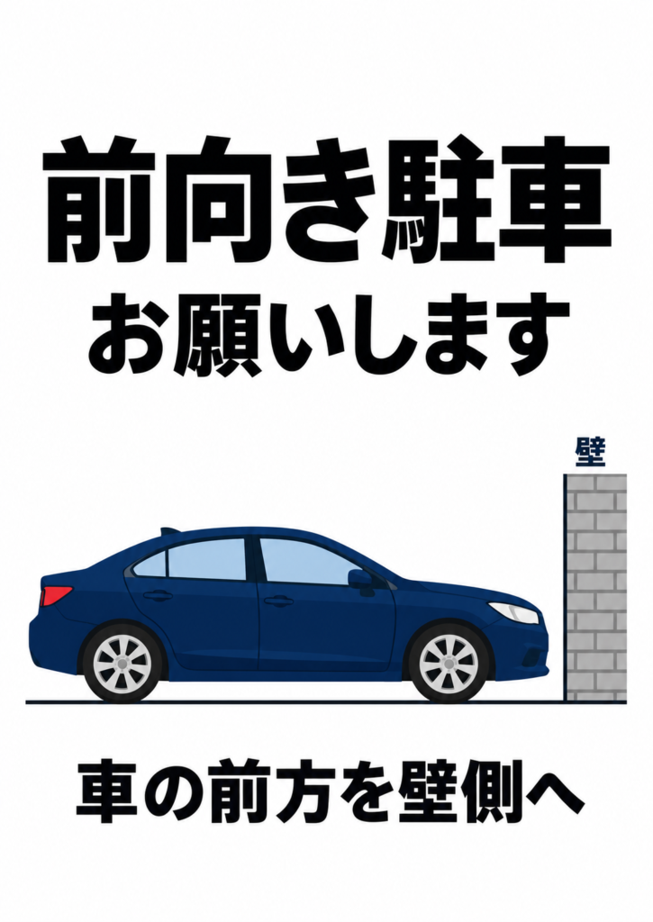 前向き駐車をお願いする縦向きポスター。車の前方が右の壁に向いた側面図