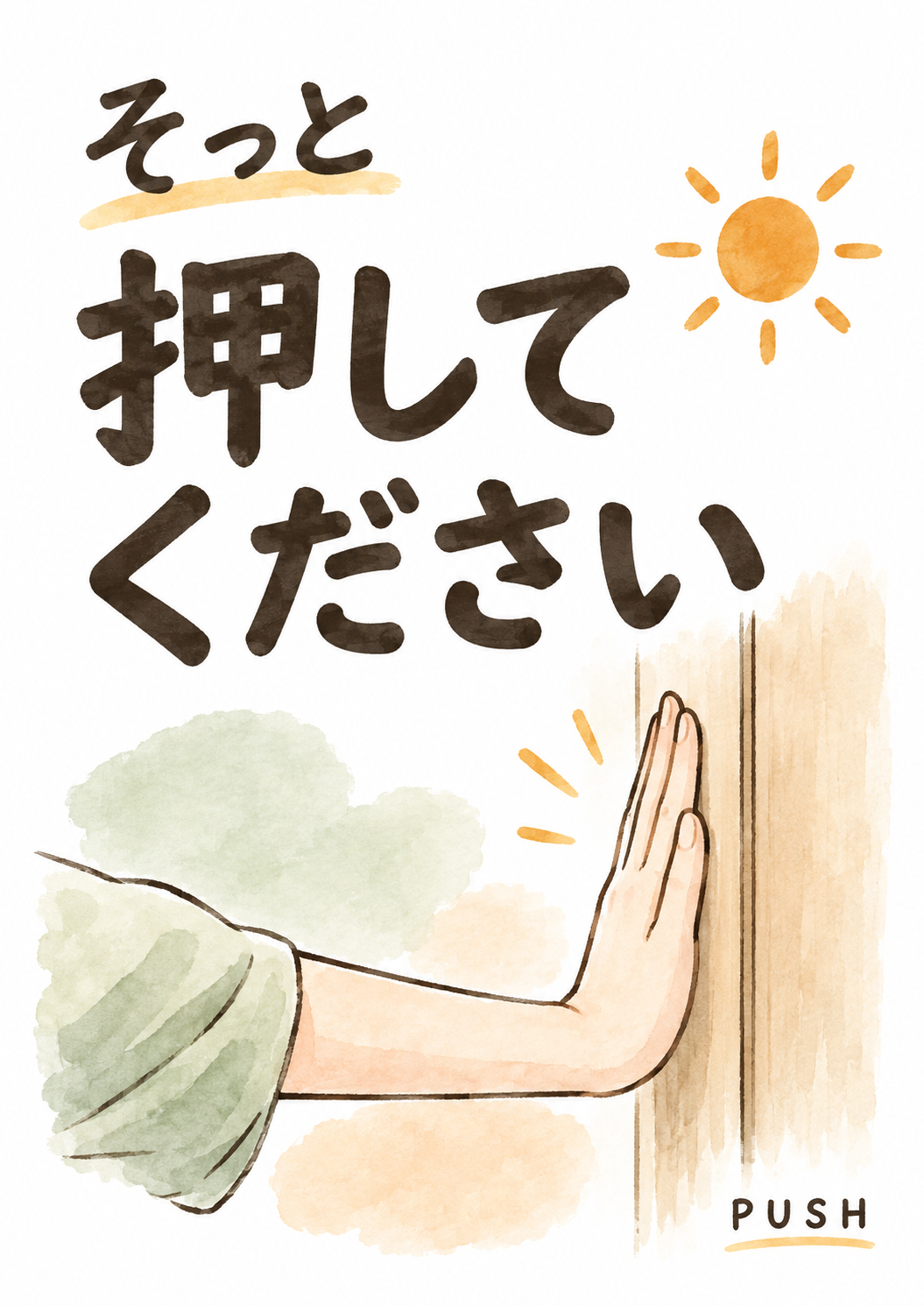 柔らかな文字と開いた手のイラストで、静かに押すことをお願いする案内