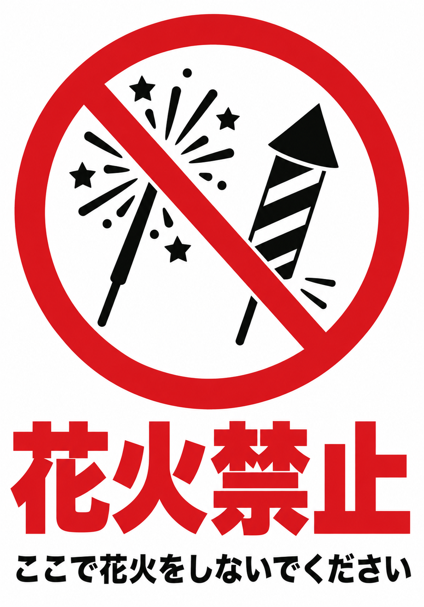 赤い禁止マークと花火のピクトグラムを配置した縦型の花火禁止ポスター