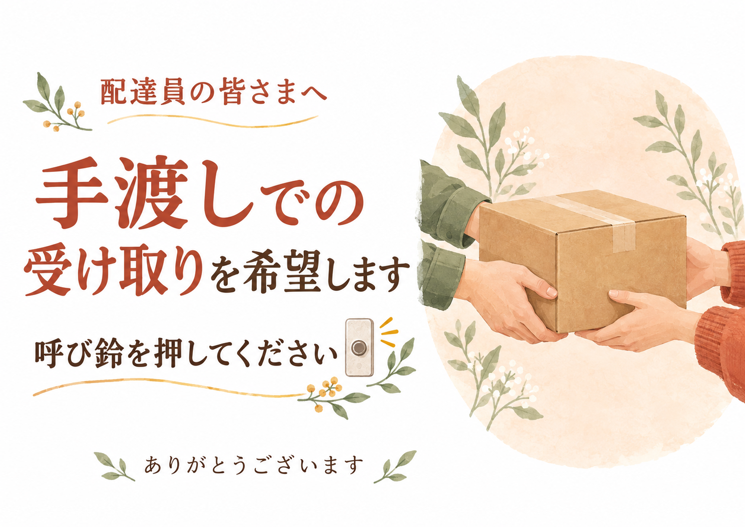 対面での受け取りと呼び鈴をお願いする、手渡しイラスト入り横型案内
