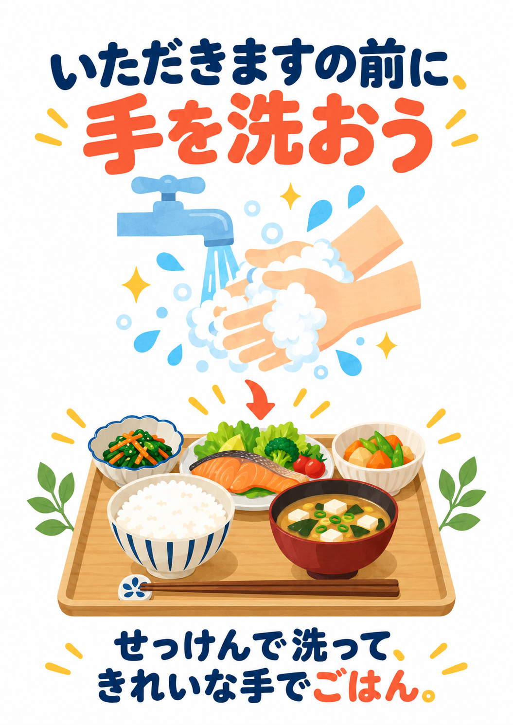 食堂・給食室・家庭向けに、食事前の手洗いを楽しく促すポスター。