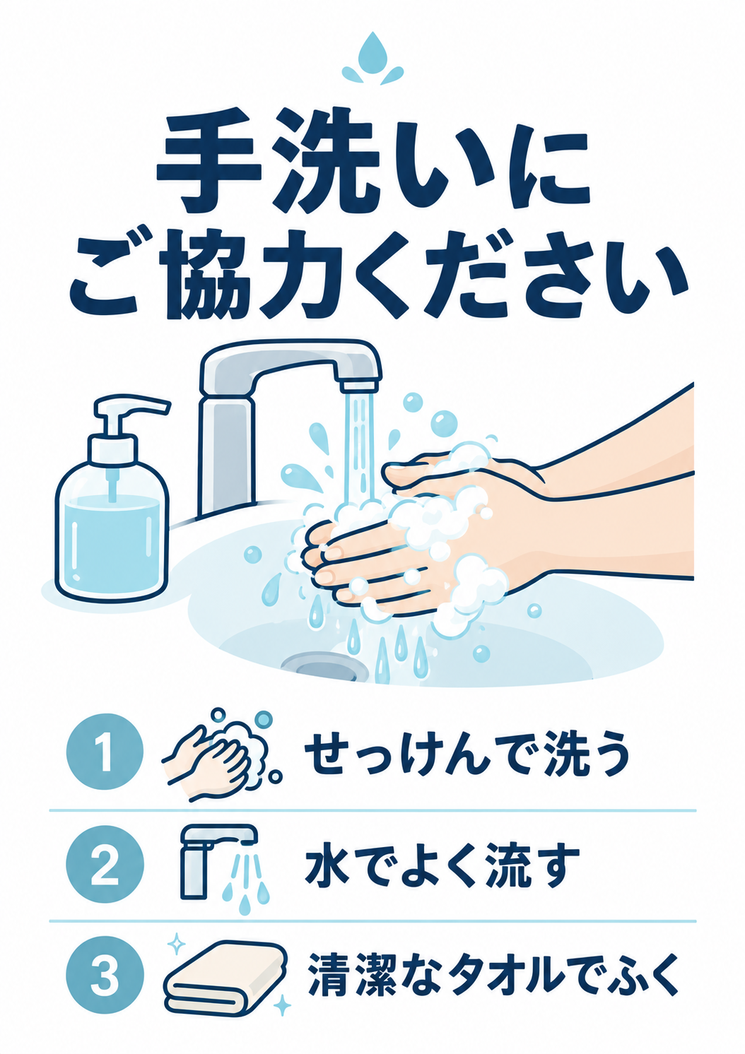 施設や職場の共用洗面所に合う、手洗いから乾燥までを案内する上品なポスター。