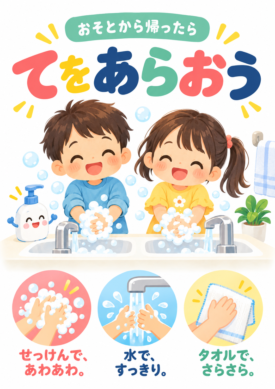子ども向けのやさしい言葉と泡のイラストで、外から帰った時の手洗いを促すポスター。
