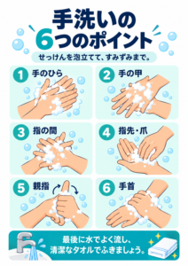 洗面所や共用施設で使える、洗い残しやすい部位を6つに分けた手洗いポスター。