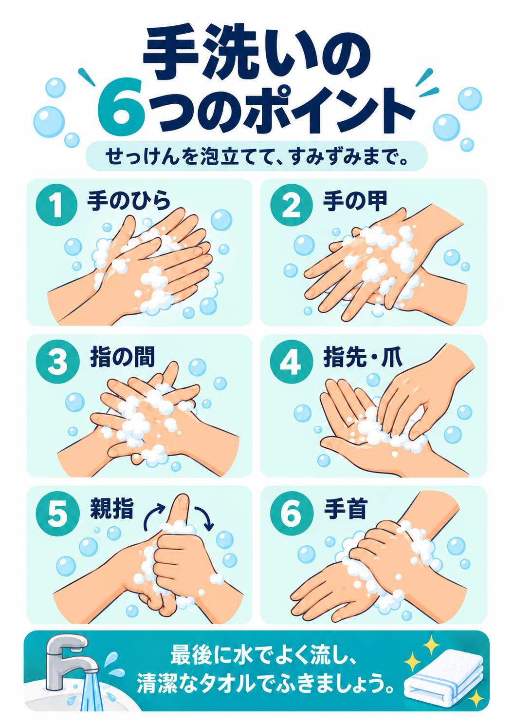 洗面所や共用施設で使える、洗い残しやすい部位を6つに分けた手洗いポスター。