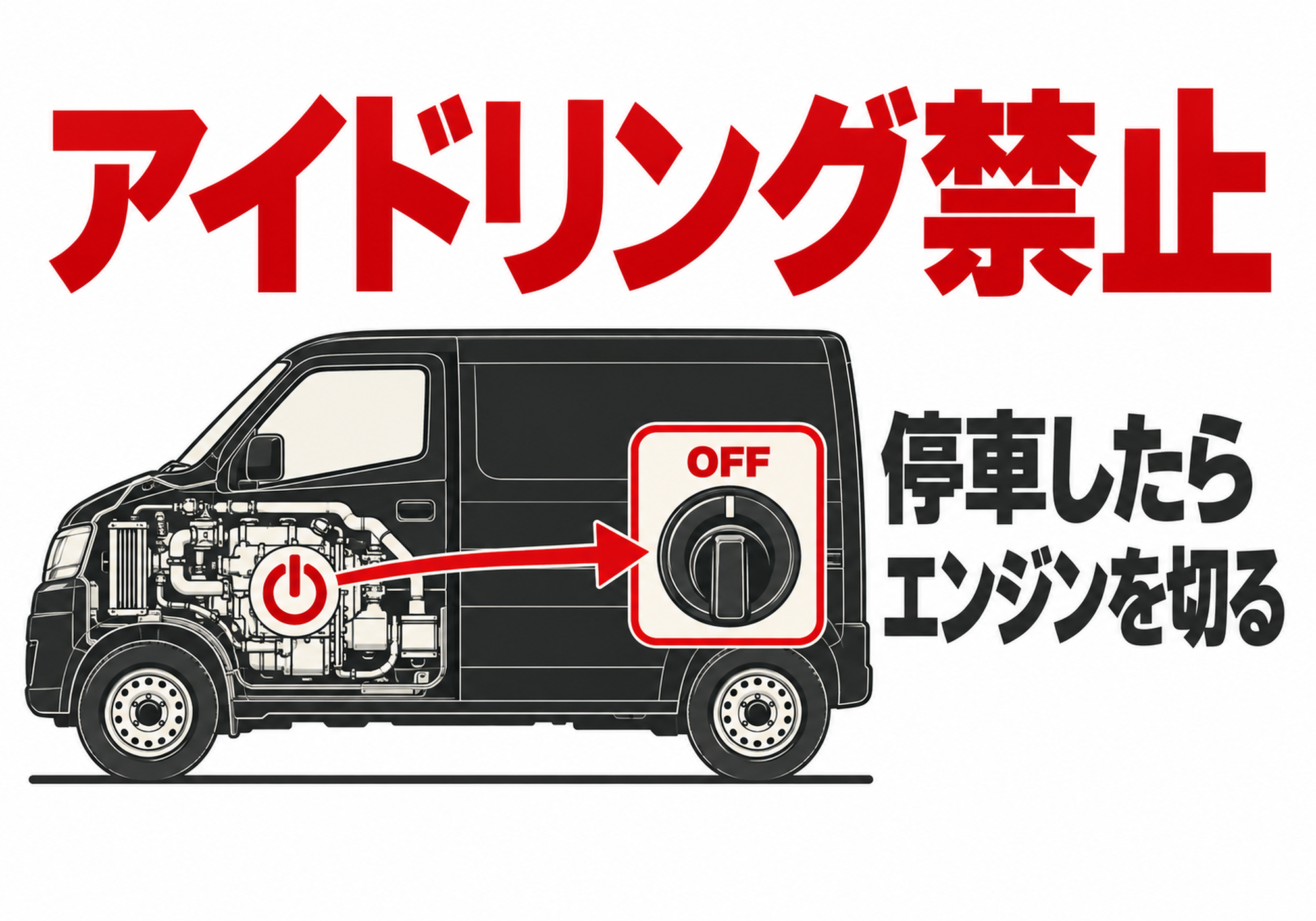 エンジン構造とOFFスイッチを示したアイドリング禁止の横向きポスター