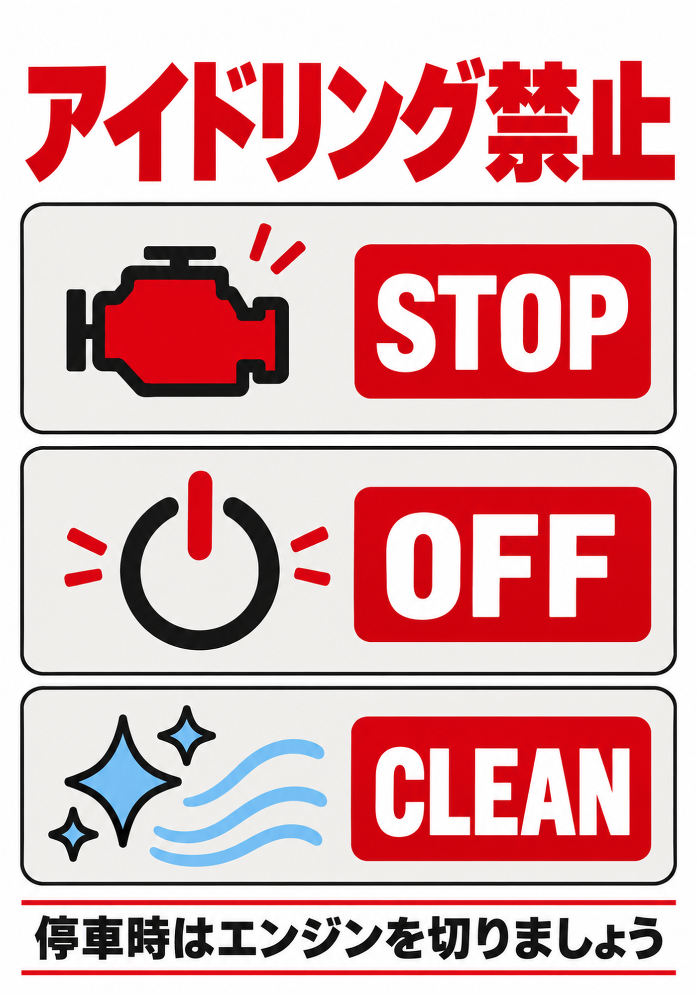 STOP・OFF・CLEANの表示を並べたアイドリング禁止の縦向きポスター
